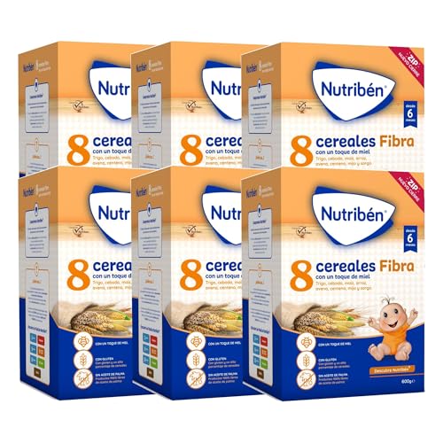 Nutribén Mingau 8 cereais com um toque de mel e fibra, 3600 g, alimentos para bebés a partir dos 6 meses, sem adição de açúcares, sem óleo de palma, embalagem de 6 unidades de 600 g