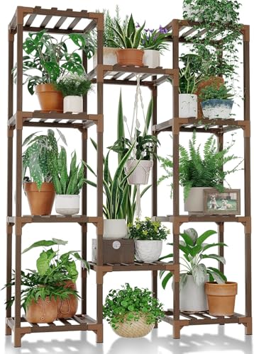 Bamworld Suporte para plantas estantes para plantas de exterior e interior prateleira para pendurar várias plantas, jardim de madeira alta para sala de estar, pátio, varanda, jardim, castanho