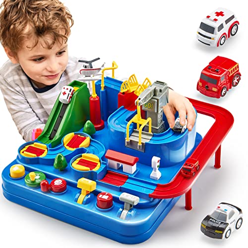 hahaland Pista de carros de brinquedos para crianças 3 anos, circuito de corridas pista de rampas city resgate brinquedos de aventura playset, garagem carros brinquedo educativo presente para crianças