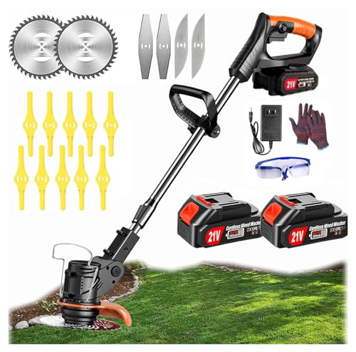 Desboçador de relva, aparador de relva com bateria (2 baterias de 4,0 A e carregador rápido), aparador de bordas da roda/mini corta-relvas/PIXI zadora, com 3 tipos de lâminas para jardim,