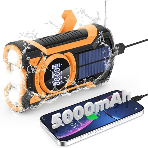 Carregador solar para telemóvel, FM/Am rádio portátil de emergência com manivela e 5000 mAh Powerbank e altifalante Bluetooth lanterna LED e SOS alarme IPX5 impermeável para parar rádio de campismo ao