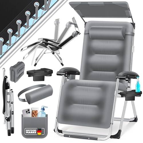 KESSER® Espreguiçadeira dobrável XXL, resistente ao interior, capacidade de carga de 200 kg, estofamento ergonómico, encosto ajustável, almofada cervical, porta-copos e almofada para braços, com toldo