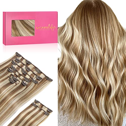 WENNALIFE Extensões de clipe de cabelo real, 150 g, 45 cm, 9 unidades, cor castanho cinza com reflexos em louro dourado, extensões de clipe em cabelo natural Remy