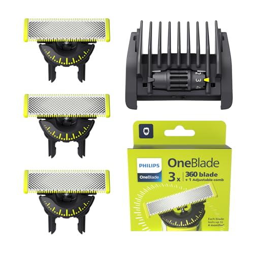 Philips OneBlade 360, Lâmina de substituição autêntica para aparador de barba e máquina de barbear para homem, guia de 5 comprimentos, compatível com todos os OneBlade, pack de 3 unidades, QP437/50