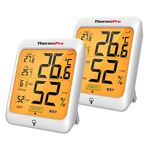 ThermoPro TP53 Termómetro higrômetro digital medidor de humidade e temperatura interior termómetro profissional para quarto ambiente com retroiluminação tátil, 2 peças