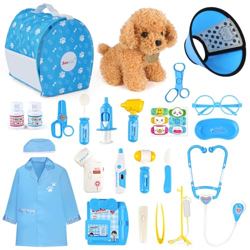 Sanlebi Mala de médico para crianças, kit de médica menina com peluche cão, mala médica menina com roupão e chapéu, kit médico criança adequado para 3 anos