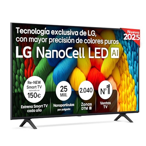 LG 55NANO80A6B Televisão de 55", 4K, NanoCell, Smart TV, LED IA, WebOS 25, processador potente e inteligente, Super Upscaling, Dolby Digital Plus, Alexa/Google Assistant, preto