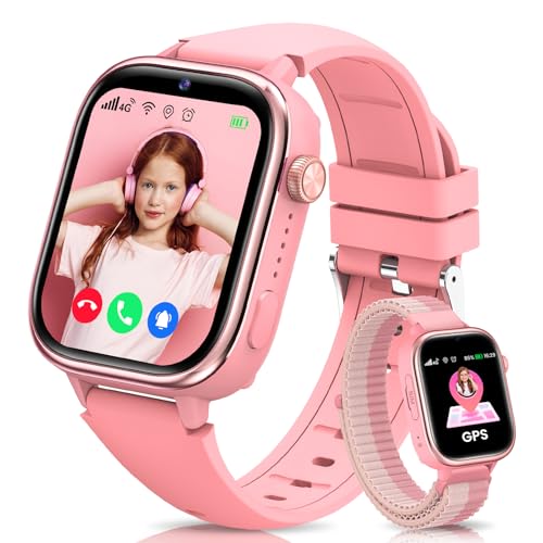 JoJoego Relógio inteligente para crianças, 4G Smartwatch crianças com GPS e telefone, videochamada, chamadas, SOS, modo escola, bate-papo, SIM, despertador, podómetro IP68, presente meninas / crianças