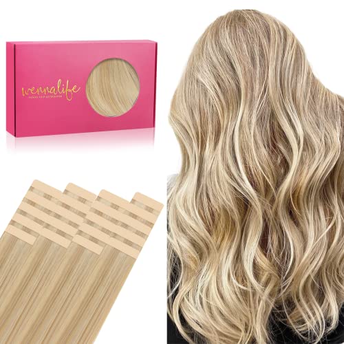 WENNALIFE Extensões adesivas cabelo natural, 35 cm, 50 g, 20 peças, loiro claro dourado realçado, cabelo humano Remy