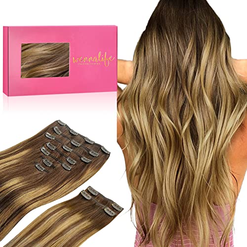 WENNALIFE Balayage castanho chocolate a loiro caramelo 150 g 40 cm 9 peças extensões de cabelo natural cabelo humano extensões de cabelo natural clipe extensões de cabelo
