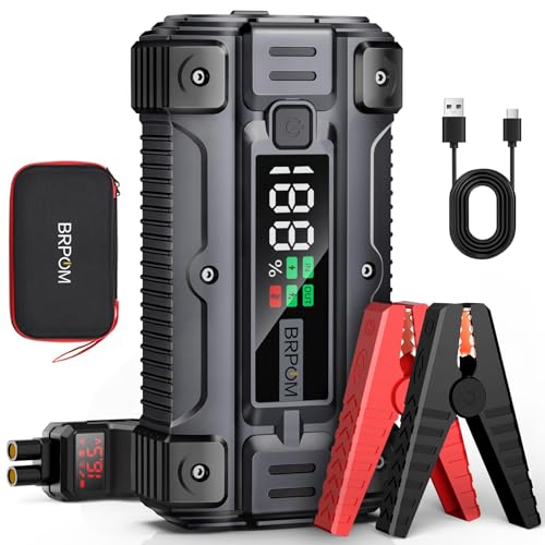 BRPOM Arrancador de baterias de carro 6000A, 26800 mAh iniciador de carros portátil (para toda a gasolina ou 8,5 L de diesel), 12 V iniciador de baterias, carro Jump Starter com ecrã grande, QC 3.0