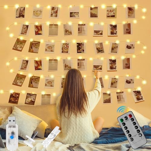 LURICO Decoração de quarto, pendurar fotos com pinças, 12 m 120 LED USB Clip corrente de luzes LED, pendurar fotos de luzes 52 pinças decorativas para pendurar fotos em quartos, casamentos,