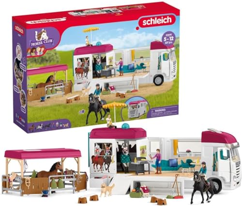 schleich HORSE CLUB 42619 Conjunto de transporte de cavalos com reboque e 3 figuras, 227 peças - animais de brinquedo colecionáveis - conjunto de cavalos - brinquedos para crianças de 5 anos ou mais