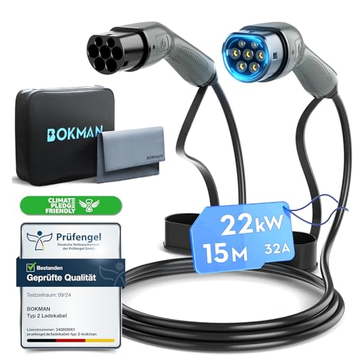bokman EV Cabo de carregamento tipo 2, 22 kW / 32A / trifásico / 15 metros / modo 3, cabo de carregamento rápido híbrido tomada para veículo elétrico tipo 2 a tipo 2