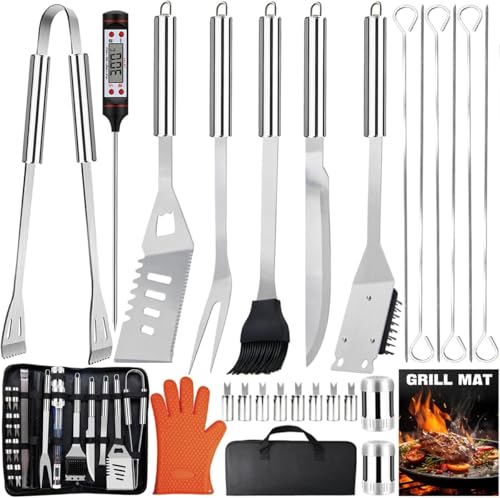 28 unidades utensílios para churrasco de aço inoxidável, acessórios de churrasco a gás e carvão para campismo em portáteis pasta, kit prático de utensílios de grelha para churrascos, presentes para