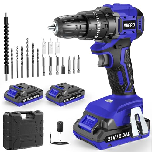 MHPRO Broca Percutor a bateria 21 V, broca parafuso bateria sem escovas com 2 baterias 2,0 Ah, parafuso elétrico 45 N.m, ajuste de par, Brushless Drill 14 acessórios, 2 velocidades
