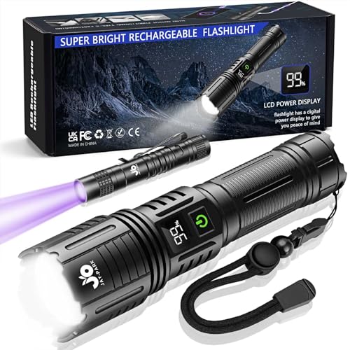 JAY-PARK Lanternas LED de alta potência 50 0000 lúmenes, lanterna LED recarregável de alta potência, lanterna tática de 5 modos com zoom, lanterna potente para acampar, passear com cães