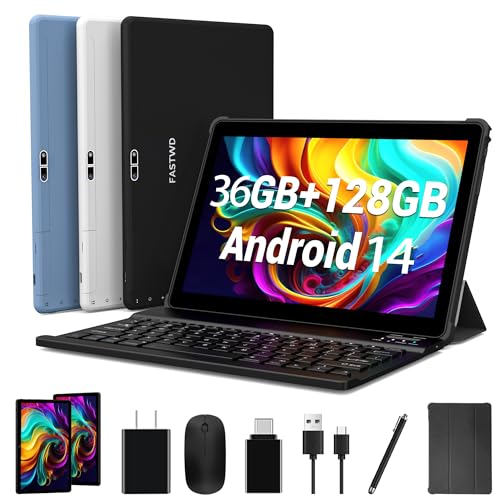 FASTWD Tablet de 10 polegadas Android 14 Tablet, tablet 2025 Newest com 36 GB RAM+128 GB ROM, Tablet 5G WiFi, GPS, 8000 mAh, Tablet com teclado e rato e capa, cinzento