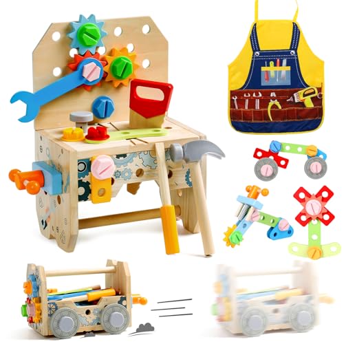 Caixa ferramentas brinquedos carro de madeira, 39 peças jogos construção com avental infantil, ferramentas carro brinquedos crianças 2 anos montessori jogos educativos, presente menino meninas 2 3 4