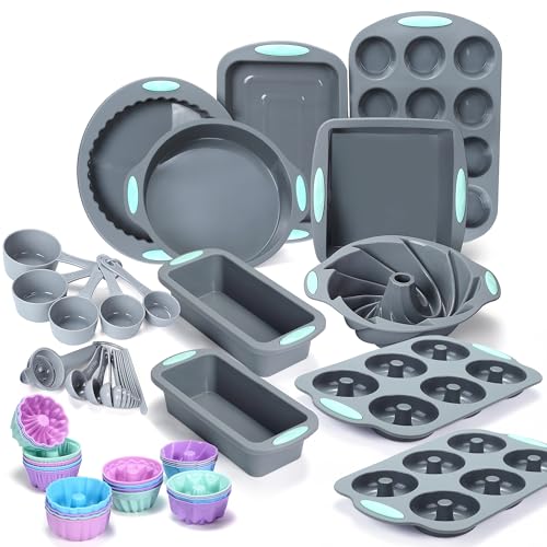 Tongjude Conjunto de 51 peças de silicone para forno, frigideira antiaderente para forno, molde de silicone para bolos, cinzento