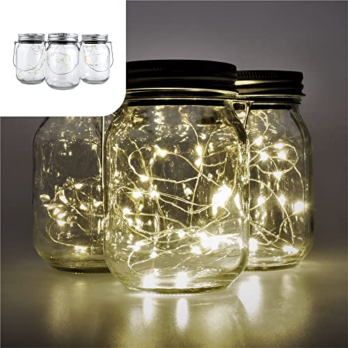 Gadgy ® Candeeiro solar Mason Jar Cristal Set luzes de fadas | 3 peças | 20 LED's luz branca quente | jarro jardim exterior interior pendurar lanterna