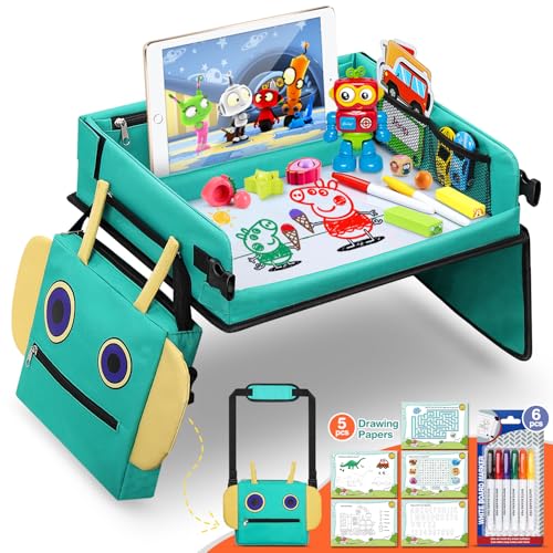 COOLJOY Mesa de carro para crianças, bandeja de viagem para crianças, bandeja impermeável para carro, carro, avião, placa organizadora dobrável de carro com 5 papéis de desenho educativo e penas de 6