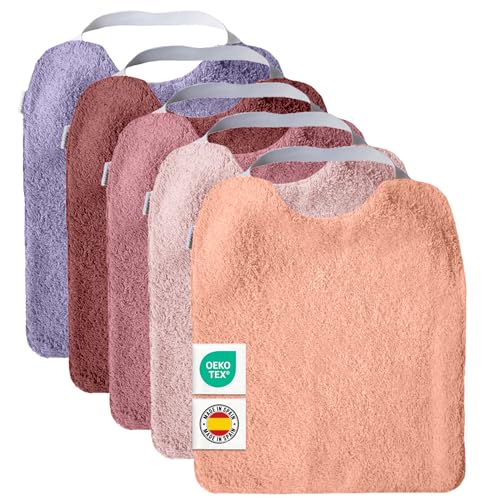 Conjunto de 5 babetes de turco com elástico, para promover a autonomia Laváveis, com interior impermeável e tecido turco de alta qualidade. Babete com gola de borracha. Fabricado em Espanha.