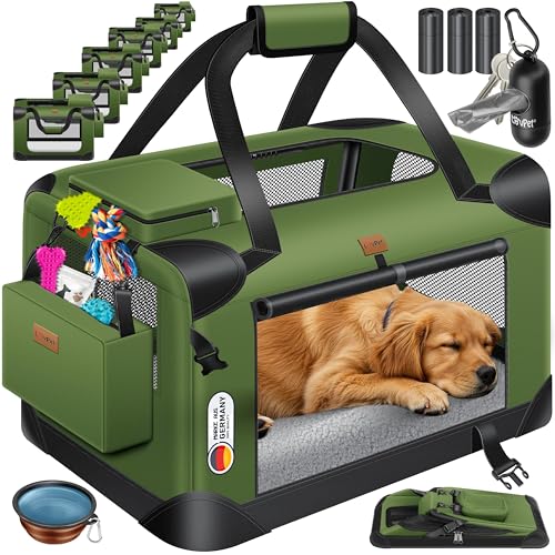 LOVPET® Caixa de transporte para cão e gato, bolsa de transporte, mala dobrável para cão e gato, Incl. Alimentador para cão e mala de ombro, XL - 81,3 x 58,4 x 58,4 cm - caqui