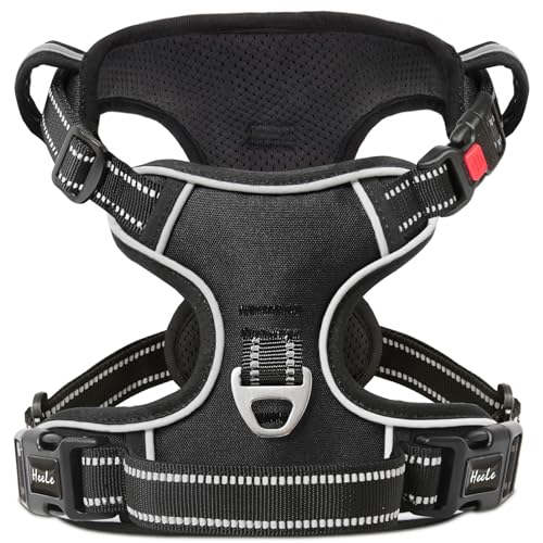 HEELE Arnês de peito para cães com fecho de catraca com fecho de catraca com fecho ajustável refletor e aberto no pescoço e arnês anti-tração para cães, cor preta