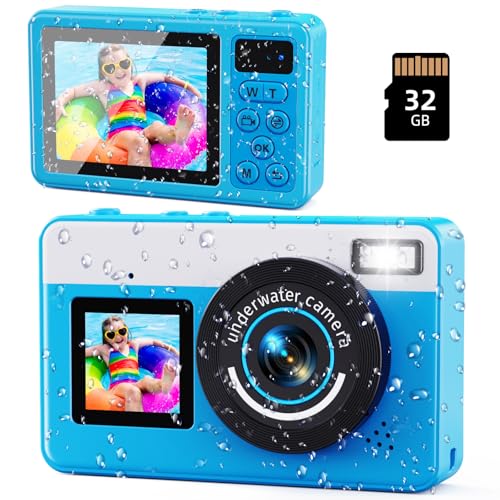 Câmara digital, cabo máximo câmara subaquática 10 FT câmara digital à prova de água Zoom digital 18 X com cartão de 32 GB, câmara de fotos para crianças adolescentes iniciantes adultos, azul