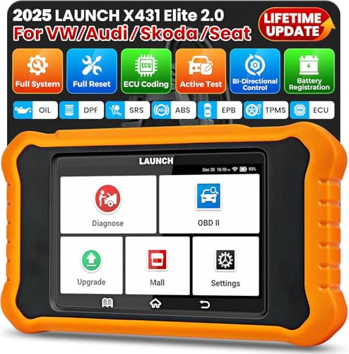 LAUNCH X431 Elite V2.0 OBD2 Diagnóstico automóvel de todo o sistema VW para Audi para Skoda para VAG, 50 função de reinicialização, controlo bidirecional TPMS EPB DPF Injetor Bat, atualização gratuita