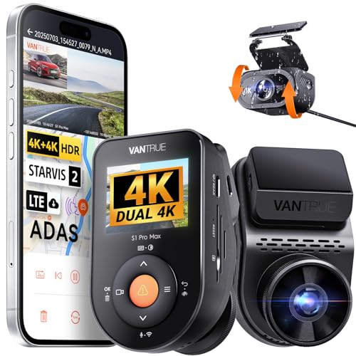 VANTRUE S1 Pro MAX 4K+ 4K Dual STARVIS 2 Dash CAM para carro, câmara frontal e traseira, 5G WiFi PlatePix AI GPS 360° HDR Buffer, câmara de estacionamento, LTE opcional, comandos de voz, 1 TB máx.