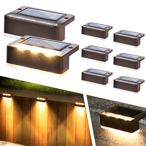 Solpex Luzes solares para exterior, 8 peças, luz branca quente para escadas, luzes solares impermeáveis, iluminação LED para escadas exteriores, degraus, cerca, pátio, decoração (castanho)