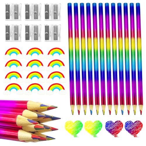12 Peças lápis de cor arco-íris, 4 em 1 lápis multicoloridos lápis arco-íris com apagador de arco-íris e acapuntes, lápis crianças coloridas para desenho, cores, esboços, escola, sala de aula