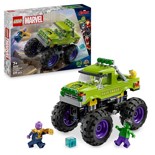 LEGO | Marvel camião Hulk vs. Thanos Brinquedo de construção, minifiguras e veículo dos Vingadores, grande todo-o-terreno, presente para meninos e meninas de 7 anos em frente 76312