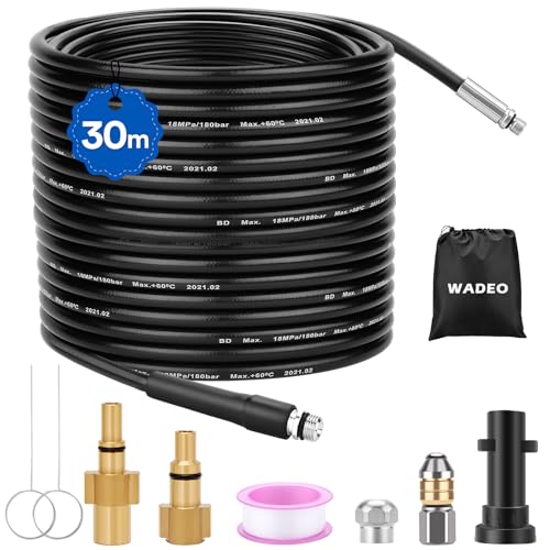 30 m kit de mangueira para limpar canos, WADEO mangueira de limpeza de alta pressão 200 bar 60 °C, conjunto premium de limpa-tubos, para Kärcher K-Series (K1-K7) e Lavor, com adaptador e boquilhas