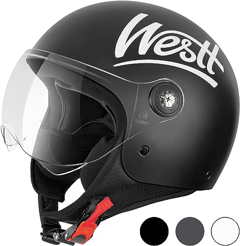 Westt Classic Capacete de motocicleta homem mulher com viseira ECE-R 22.06 capacete transparente capacete Jet mota aberta Scooter, certificado ECE Dot, tamanhos S-XL