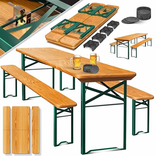 KESSER® Conjunto de móveis de jardim dobrável 3 peças - 220 x 50 x 77 cm, 2 bancos e 1 mesa de cerveja, mesa de madeira, 16 protetores de chão