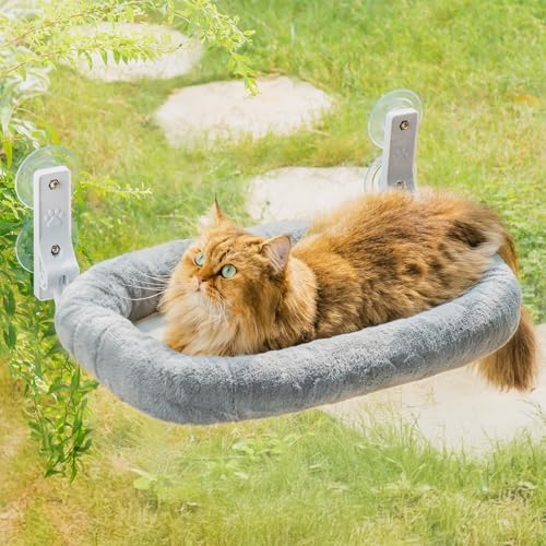 MEWOOFUN Rede grande com janela para gatos com cobertura grossa removível, cama dobrável para janela para gatos, resistente para os gatos tomarem sol, com 4 ventosas fortes que suportam