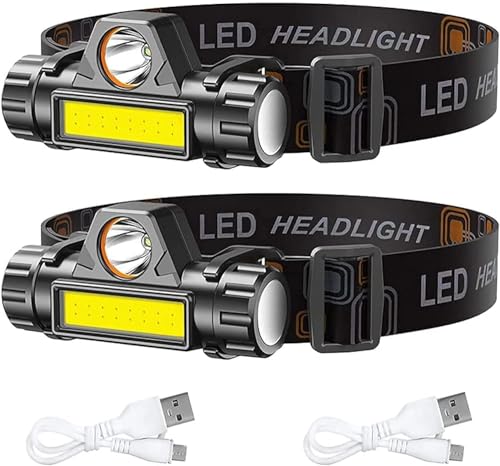 CREADY® Pack de 2 lanterna frontal LED recarregável, luz frontal cabeça de alta potência portátil com ângulo ajustável e impermeável, holofote de luz LED recarregável ideal para corrida, passeios ou