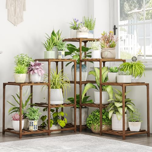 Bamworld Suporte para plantas interiores de madeira de 5 níveis, ideal como suporte para plantas exteriores, prateleiras para plantas e prateleira para canto, prateleira de madeira castanha