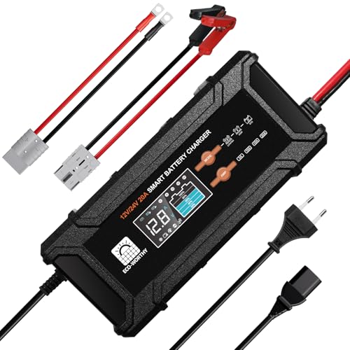 ECO-WORTHY LiFePO4 Carregador de bateria de 12 V/24 V 20 A com opções de corrente múltipla 5 A/10A/15 A/20A, bateria de chumbo e ácido LiFePO4 automática para carro, camião, moto, corta-relvas