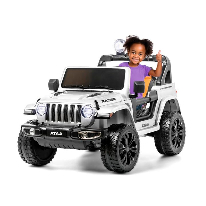 ATAA Carro elétrico infantil 4 x 4 ATAA Raider 12 v, carro infantil com rodas de borracha, assento de pele e comando para pais (branco)