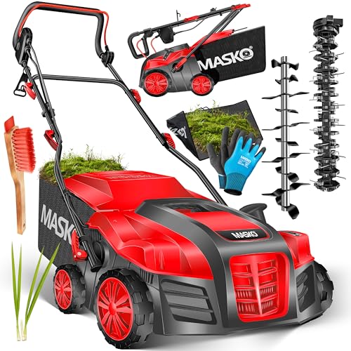 MASKO® Escarificador elétrico 2 em 1, arejador de relva 1800 W, 40 cm de largura de trabalho, cesta de recolha de 55 l, removedor de musgo, profundidade de trabalho ajustável em 5 etapas, vermelho