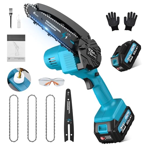 Mini serra elétrica com bateria, 6 polegadas/15 cm serra elétrica com 3 correntes, serra a bateria portátil sem fios com lubrificante automático, para jardim, corte de madeira, PowerCut X7e