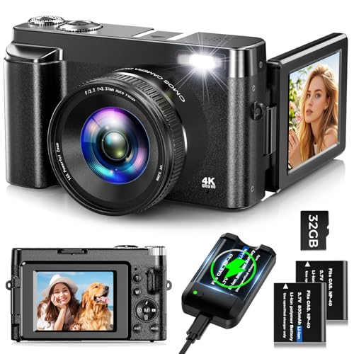 Câmara digital 4K, Oiadek 48MP Autofocus câmara de fotos com 32 G cartão de memória 16 X Zoom digital, câmara fotos digitais com 3,0 polegadas 180 ° Flip ecrã e carregador de bateria para adolescentes