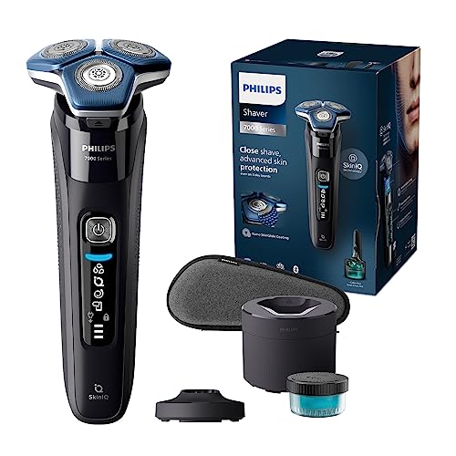 Philips Série 7000 máquina de barbear elétrica para homem, máquina de barbear com aparador, 45 lâminas, 60 min de uso, seco e húmido, recarregável, centro de limpeza, base de carregamento, S7886/55,