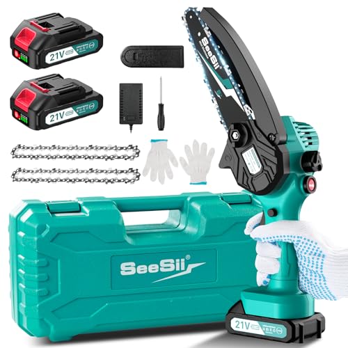 SEESII Mini serra elétrica sem fios de 6 polegadas com injetor lubrificante e 2 baterias, mini serra de corrente elétrica recarregável, 2 correntes