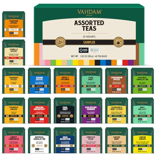 VAHDAM, Caixa de presente sortida de chá (20 sabores, 40 sacos) chá verde, chá de ervas, chá preto, chá chai e muito mais | bolsas de chá de folhas compridas | presentes de chá para mulheres e homens