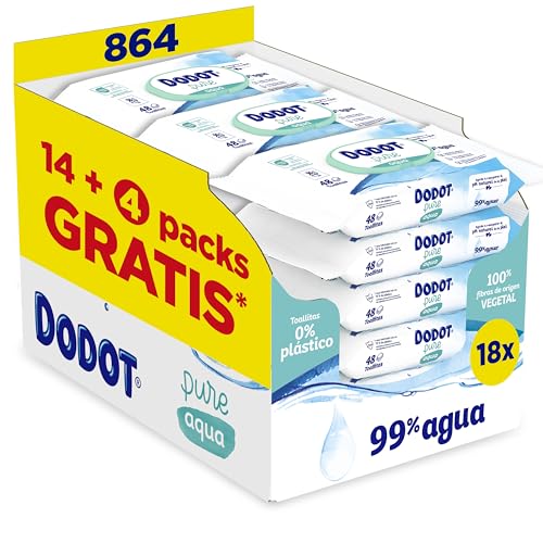 Dodot Toalhetes Pure Aqua para bebé, 864 toalhetes (18 pacotes de 48 unidades), ajudam a restaurar o PH natural da pele, 99% água, sem plástico